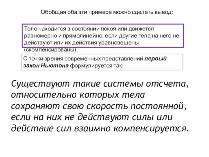 Обобщая оба эти примера можно сделать вывод:Тело находится в состоянии покоя или