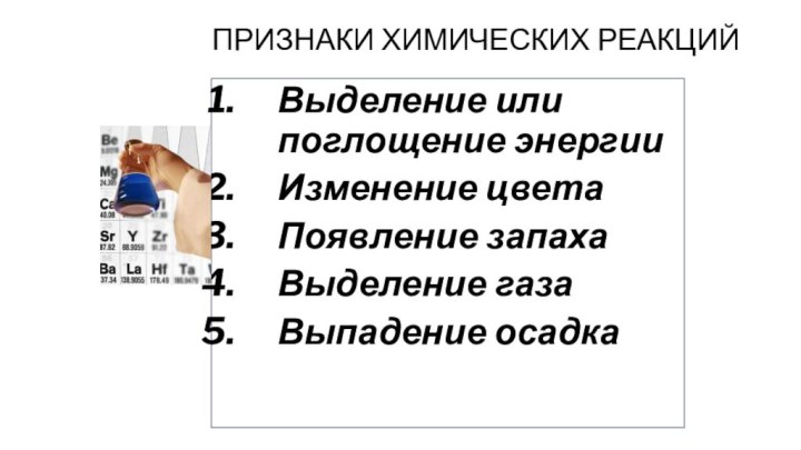 Признаки химических реакцийВыделение или поглощение энергии Изменение цветаПоявление запахаВыделение газаВыпадение осадка