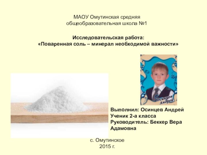 МАОУ Омутинская средняя общеобразовательная школа №1Исследовательская работа:«Поваренная соль – минерал необходимой важности»Выполнил: