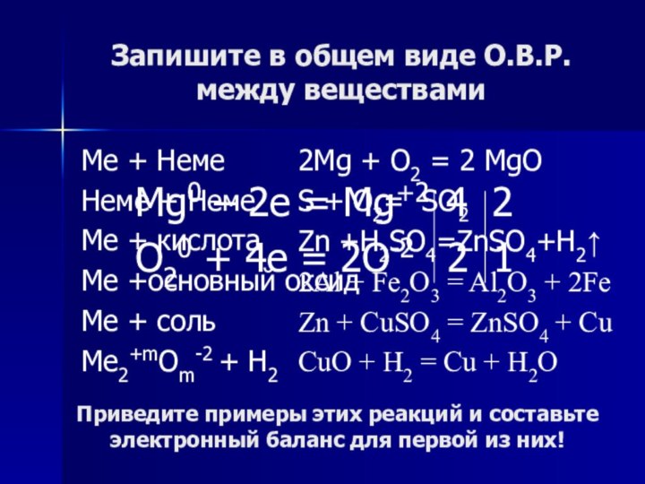 Запишите в общем виде О.В.Р. между веществамиМе + НемеНеме + НемеМе +