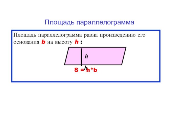 Площадь параллелограммаПлощадь параллелограмма равна произведению его основания b на высоту h :S = h*bbh