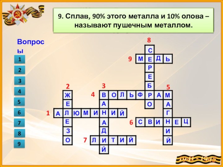 Кроссворд 	  	 Вопросы1982345671. Крылатый металл2.Сплавы этого металла (чугун и сталь) использовались при