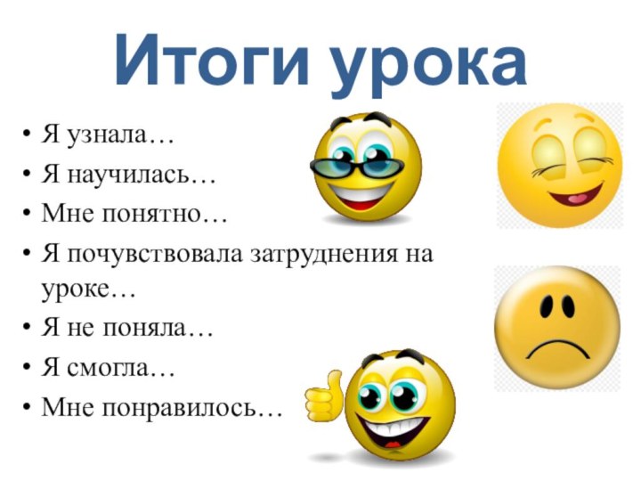 Итоги урокаЯ узнала…Я научилась…Мне понятно…Я почувствовала затруднения на уроке…Я не поняла…Я смогла…Мне понравилось…