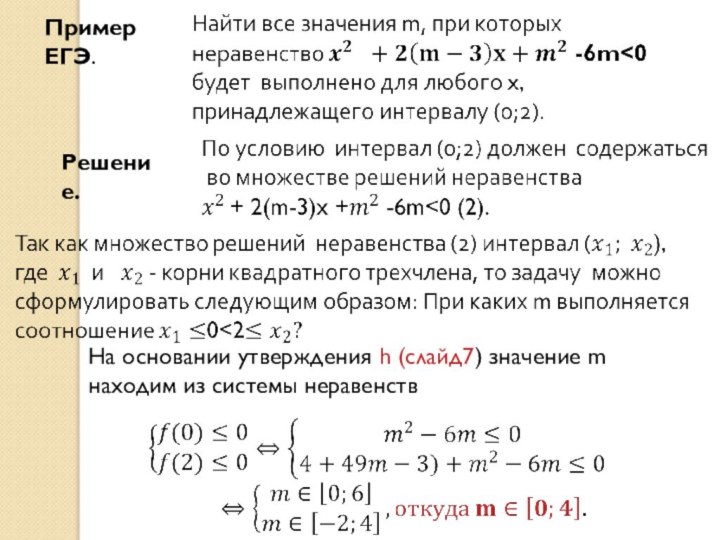 Пример ЕГЭ.Решение.На основании утверждения h (слайд7) значение m находим из системы неравенств