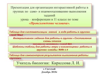 Презентация с интерактивными заданиями и таблицами для работы групп на уроке - конференции по биологии в 11 классе по теме Происхождение человека