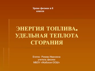 Презентация к уроку физики в 8 классе по теме Энергия топлива. Удельная теплота сгорания