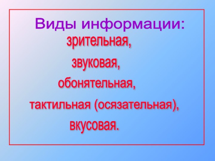 Виды информации: зрительная,звуковая,обонятельная,тактильная (осязательная),вкусовая.