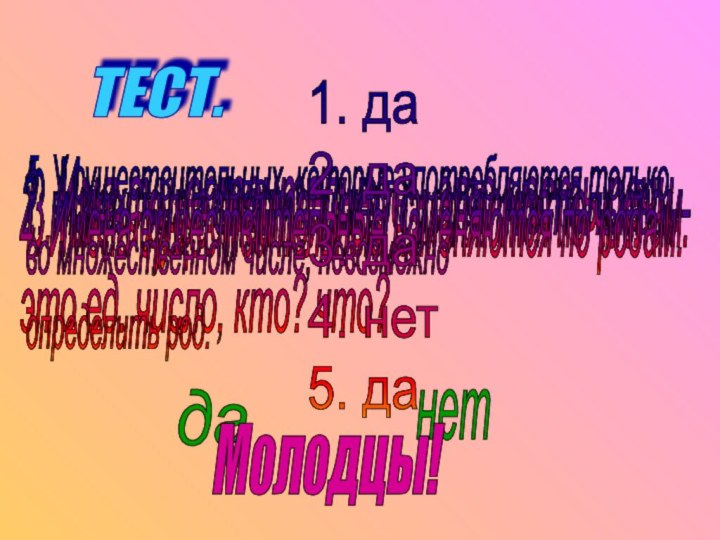 ТЕСТ.1. Имя существительное - это часть речи.данет2. Начальная форма имён существительных -