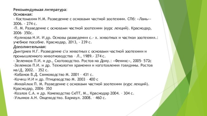 Рекомендуемая литература:Основная:- Костомахин Н.М. Разведение с основами частной зоотехнии. СПб: «Лань»- 2006.