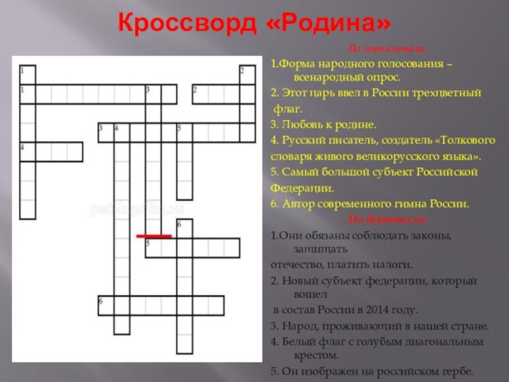 Кроссворд «Родина» По горизонтали:1.Форма народного голосования – всенародный опрос.2. Этот царь