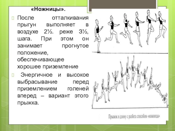 «Ножницы». После отталкивания прыгун выполняет в воздухе 2½. реже З½, шага. При