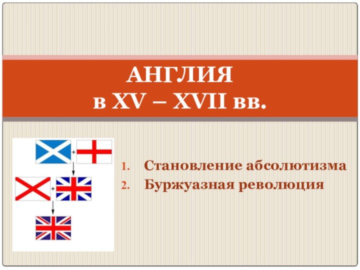 Становление абсолютизмаБуржуазная революцияАНГЛИЯ  в XV – XVII вв.