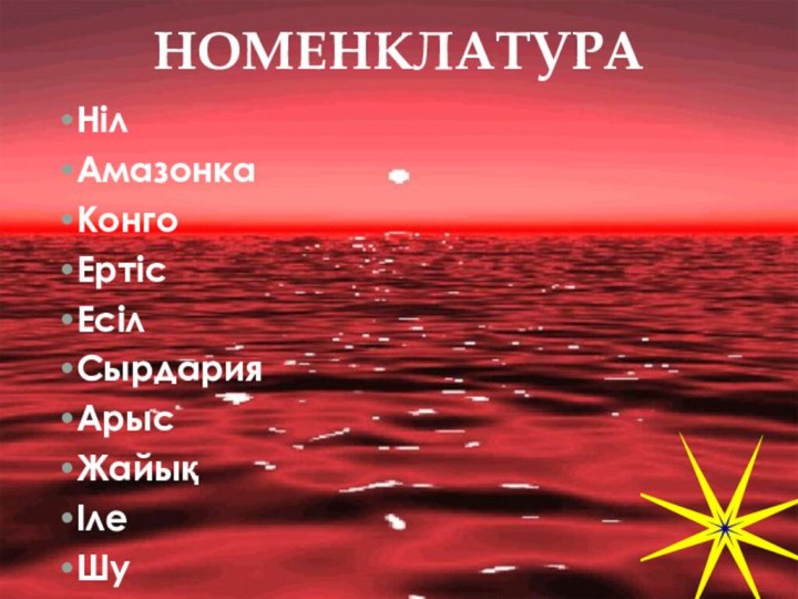 НОМЕНКЛАТУРАНілАмазонкаКонгоЕртісЕсілСырдарияАрысЖайықІлеШуАнхельИгуасуВикторияНиагараТигрЕвфратХуанхэЯнцзы