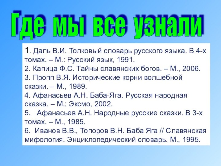 Где мы все узнали 1. Даль В.И. Толковый словарь русского языка.