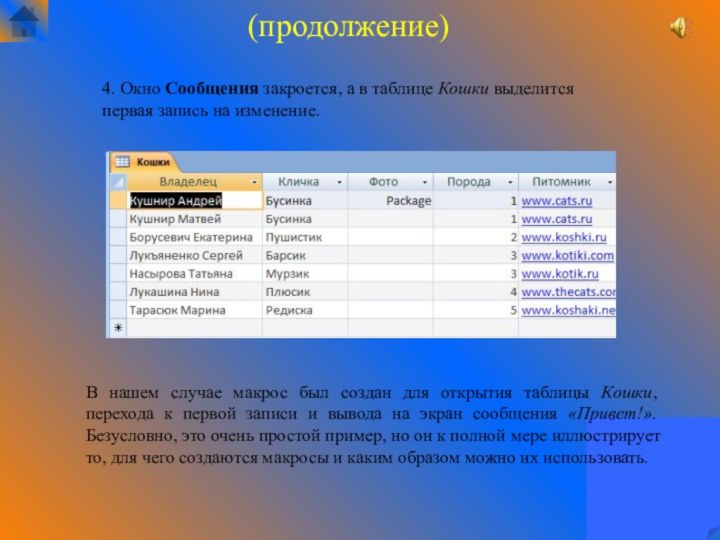 3(продолжение)В нашем случае макрос был создан для открытия таблицы Кошки, перехода к