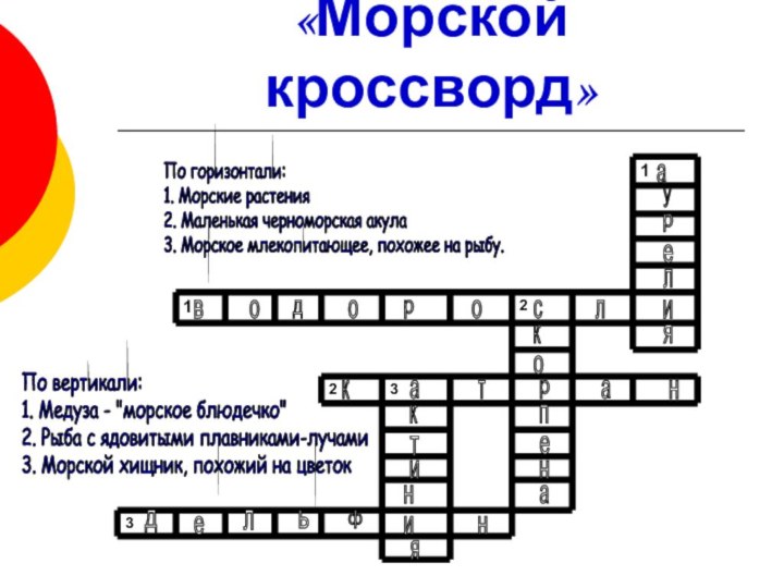 «Морской кроссворд»По горизонтали:  1. Морские растения  2. Маленькая черноморская акула