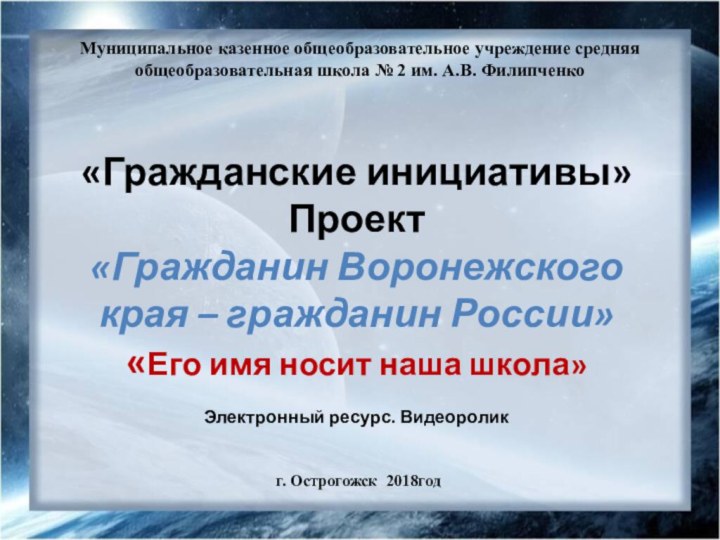 «Гражданские инициативы» Проект «Гражданин Воронежского края – гражданин России» «Его имя