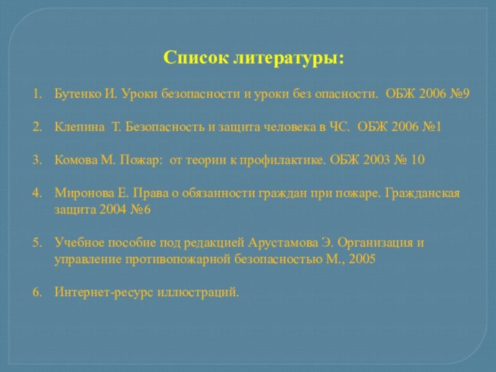 Список литературы:Бутенко И. Уроки безопасности и уроки без опасности. ОБЖ 2006 №9Клепина