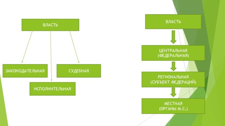 ВЛАСТЬЗАКОНОДАТЕЛЬНАЯИСПОЛНИТЕЛЬНАЯСУДЕБНАЯВЛАСТЬЦЕНТРАЛЬНАЯ (ФЕДЕРАЛЬНАЯ)РЕГИОНАЛЬНАЯ(СУБЪЕКТ ФЕДЕРАЦИЙ)МЕСТНАЯ(ОРГАНЫ М.С.)