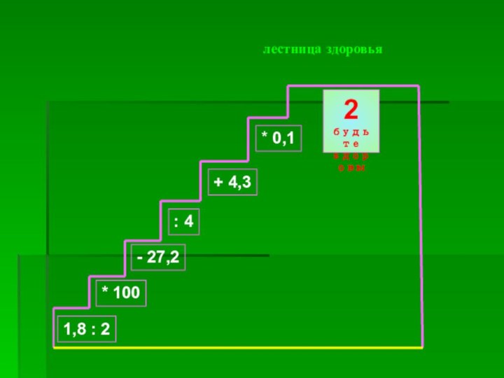 лестница здоровья1,8 : 2* 100- 27,2: 4+ 4,3* 0,1?2 будьте здоровы