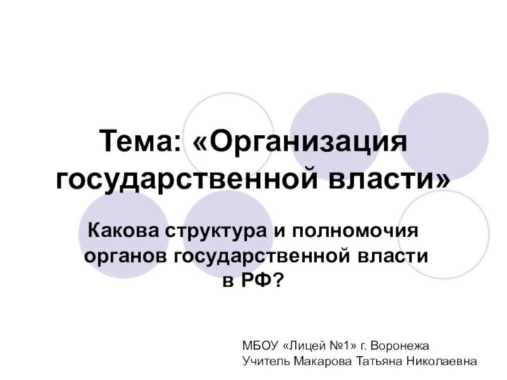 Тема: «Организация государственной власти»Какова структура и полномочия органов государственной власти в РФ?МБОУ