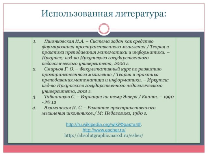 Использованная литература: Пшонковская И.А. – Система задач как средство формирования пространственного мышления