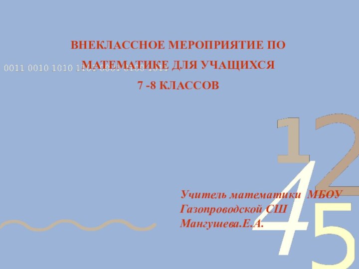 ВНЕКЛАССНОЕ МЕРОПРИЯТИЕ ПО МАТЕМАТИКЕ ДЛЯ УЧАЩИХСЯ 7 -8 КЛАССОВУчитель математики МБОУ Газопроводской СШ Мангушева.Е.А.