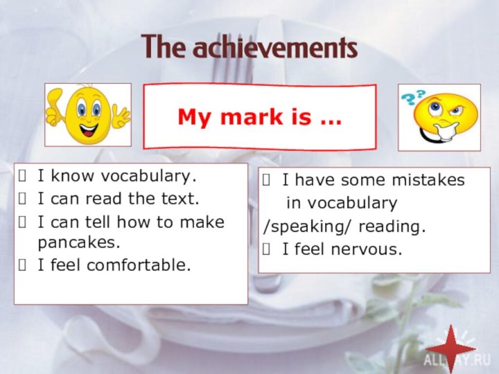 The achievementsI know vocabulary.I can read the text.I can tell how to