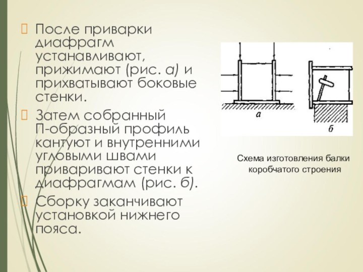 После приварки диафрагм устанавливают, прижимают (рис. а) и прихватывают боковые стенки. Затем