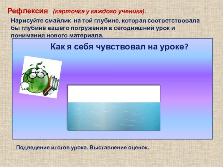 Рефлексия  (карточка у каждого ученика) Как я себя чувствовал на уроке?Нарисуйте