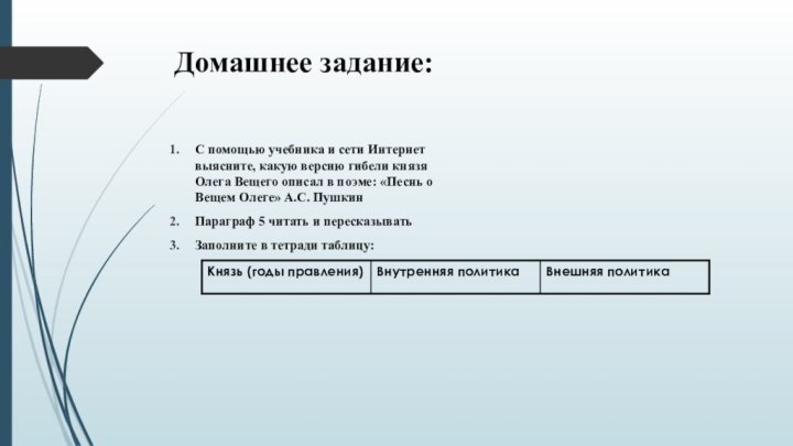 Домашнее задание:С помощью учебника и сети Интернет выясните, какую версию гибели князя