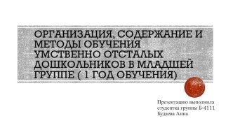 ОРГАНИЗАЦИЯ, СОДЕРЖАНИЕ И МЕТОДЫ ОБУЧЕНИЯ УМСТВЕННО ОТСТАЛЫХ ДОШКОЛЬНИКОВ В МЛАДШЕЙ ГРУППЕ ( 1 ГОД ОБУЧЕНИЯ)