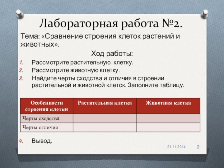 Лабораторная работа №2.Тема: «Сравнение строения клеток растений и животных».Ход работы:Рассмотрите растительную клетку.Рассмотрите