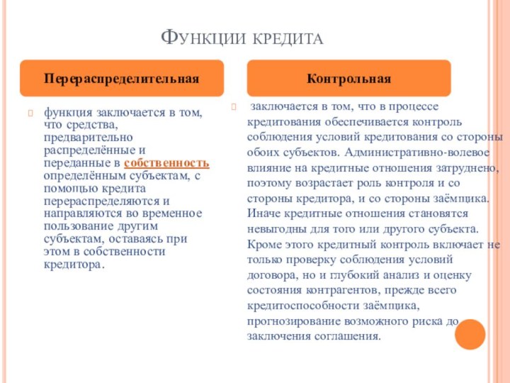 Функции кредитафункция заключается в том, что средства, предварительно распределённые и переданные в собственность