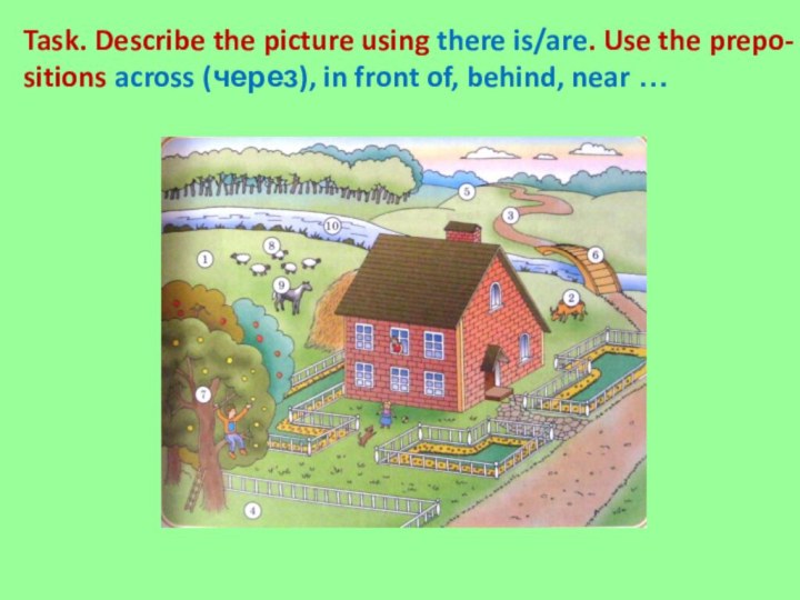 Task. Describe the picture using there is/are. Use the prepo-sitions across (через),