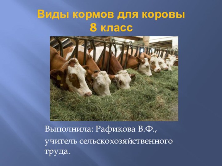 Виды кормов для коровы 8 классВыполнила: Рафикова В.Ф., учитель сельскохозяйственного труда.