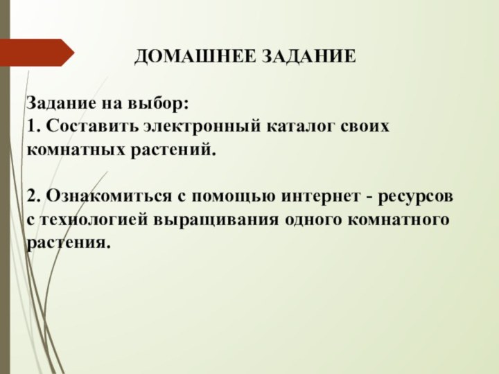 ДОМАШНЕЕ ЗАДАНИЕЗадание на выбор:1. Составить электронный каталог своих комнатных растений.2. Ознакомиться с