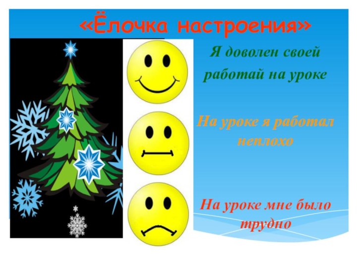 «Ёлочка настроения»Я доволен своей работай на урокеНа уроке я работал неплохоНа уроке мне было трудно