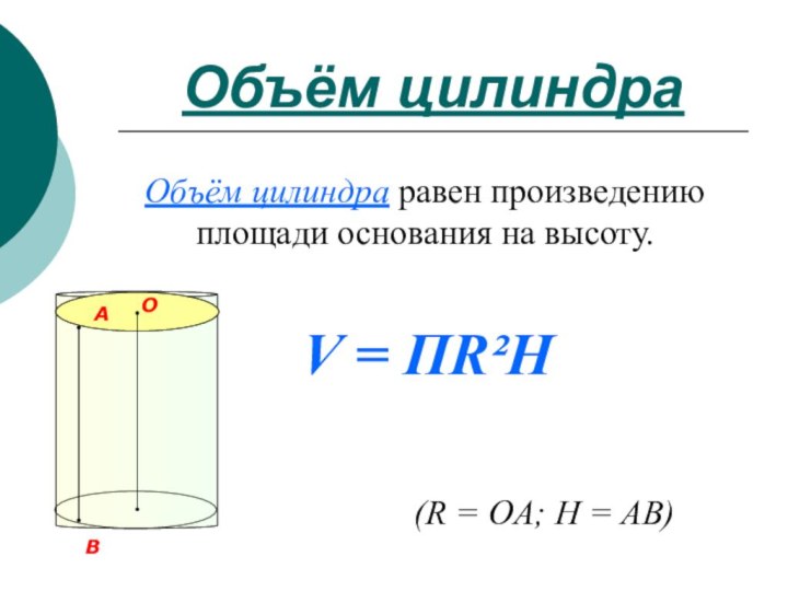 Объём цилиндраOОбъём цилиндра равен произведению площади основания на высоту.V = ПR²H(R