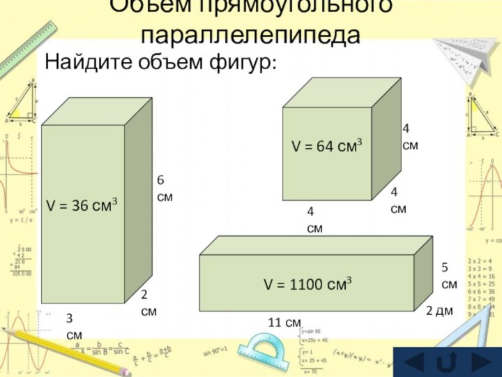 Объем прямоугольного параллелепипедаНайдите объем фигур:2 см3 см6 смV = 36 см3V =