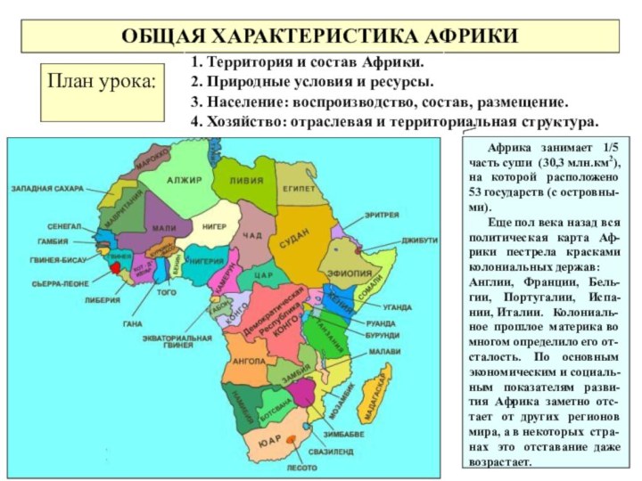 ОБЩАЯ ХАРАКТЕРИСТИКА АФРИКИПлан урока:1. Территория и состав Африки.2. Природные условия и ресурсы.3.