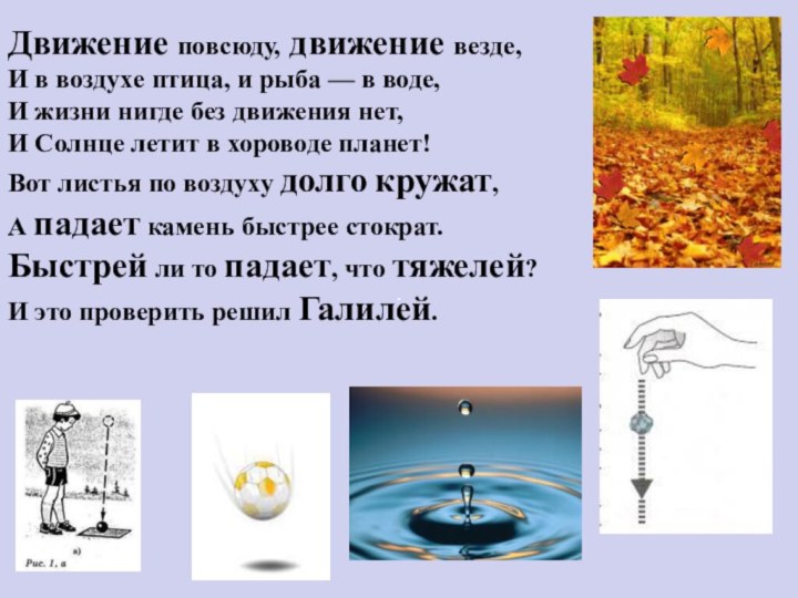 Движение повсюду, движение везде, И в воздухе птица, и рыба — в воде,  И жизни нигде без движения