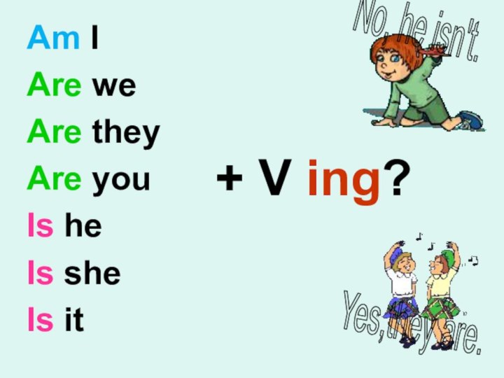 Am IAre weAre theyAre you Is heIs sheIs it + V ing?No, he isn't.Yes,they are.