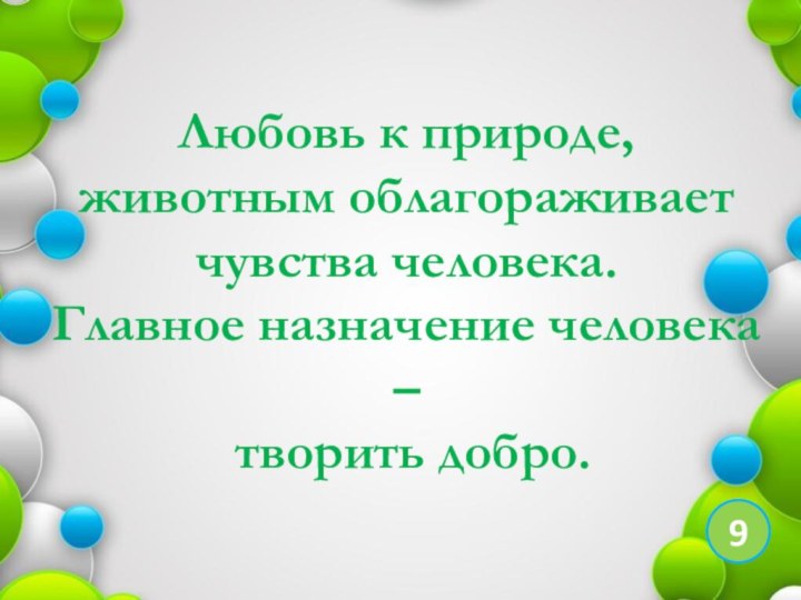 Любовь к природе, животным облагораживает чувства человека. Главное назначение человека – творить добро. 9