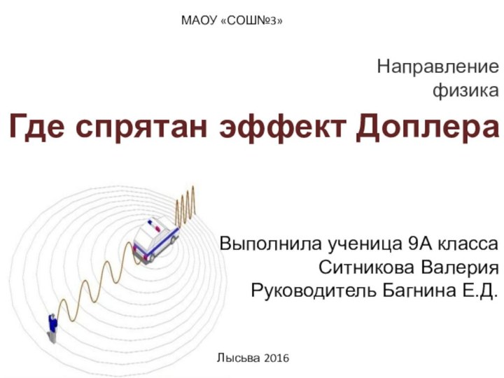 Где спрятан эффект ДоплераНаправлениефизикаВыполнила ученица 9А класса Ситникова ВалерияРуководитель Багнина Е.Д.Лысьва 2016МАОУ «СОШ№3»