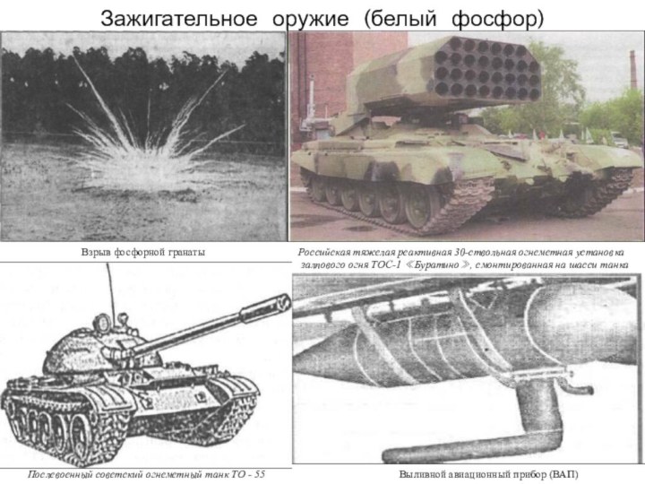 Зажигательное оружие (белый фосфор)Взрыв фосфорной гранаты Российская тяжелая реактивная 30-ствольная огнеметная установка