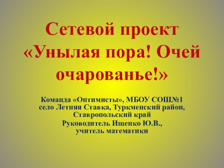 Сетевой проект «Унылая пора! Очей очарованье!» Команда «Оптимисты», МБОУ СОШ№1  село