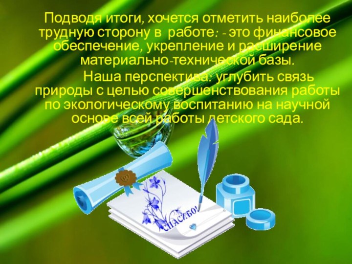 Подводя итоги, хочется отметить наиболее трудную сторону в работе: - это финансовое