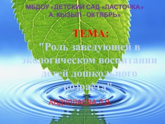 Роль заведующей в экологическом воспитании детей дошкольного возраста