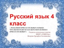 Презентация по русскому языку на тему РОЛЬ ИМЕН ПРИЛАГАТЕЛЬНЫХ В ЯЗЫКЕ. ЧТО ОБОЗНАЧАЮТ И КАК ОБРАЗУЮТСЯ ИМЕНА ПРИЛАГАТЕЛЬНЫЕ? (4 класс)